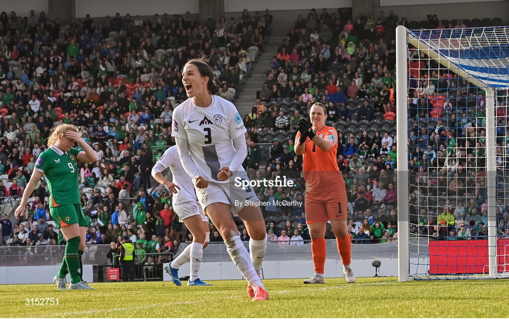 3 June 2025; Sara Agrež of Slovenia celebrates her side successfully defending an Republic of Ireland attack during the UEFA Women's Nations League, League B match between Republic of Ireland and Slovenia at Páirc Uí Chaoimh in Cork. Photo by Stephen McCarthy/Sportsfile