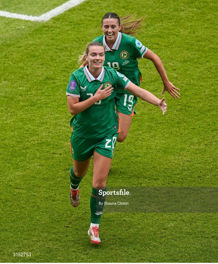 3 June 2025; Saoirse Noonan of Republic of Ireland celebrates after scoring her side's first goal during the UEFA Women's Nations League, League B match between Republic of Ireland and Slovenia at Páirc Uí Chaoimh in Cork. Photo by Shauna Clinton/Sportsfile