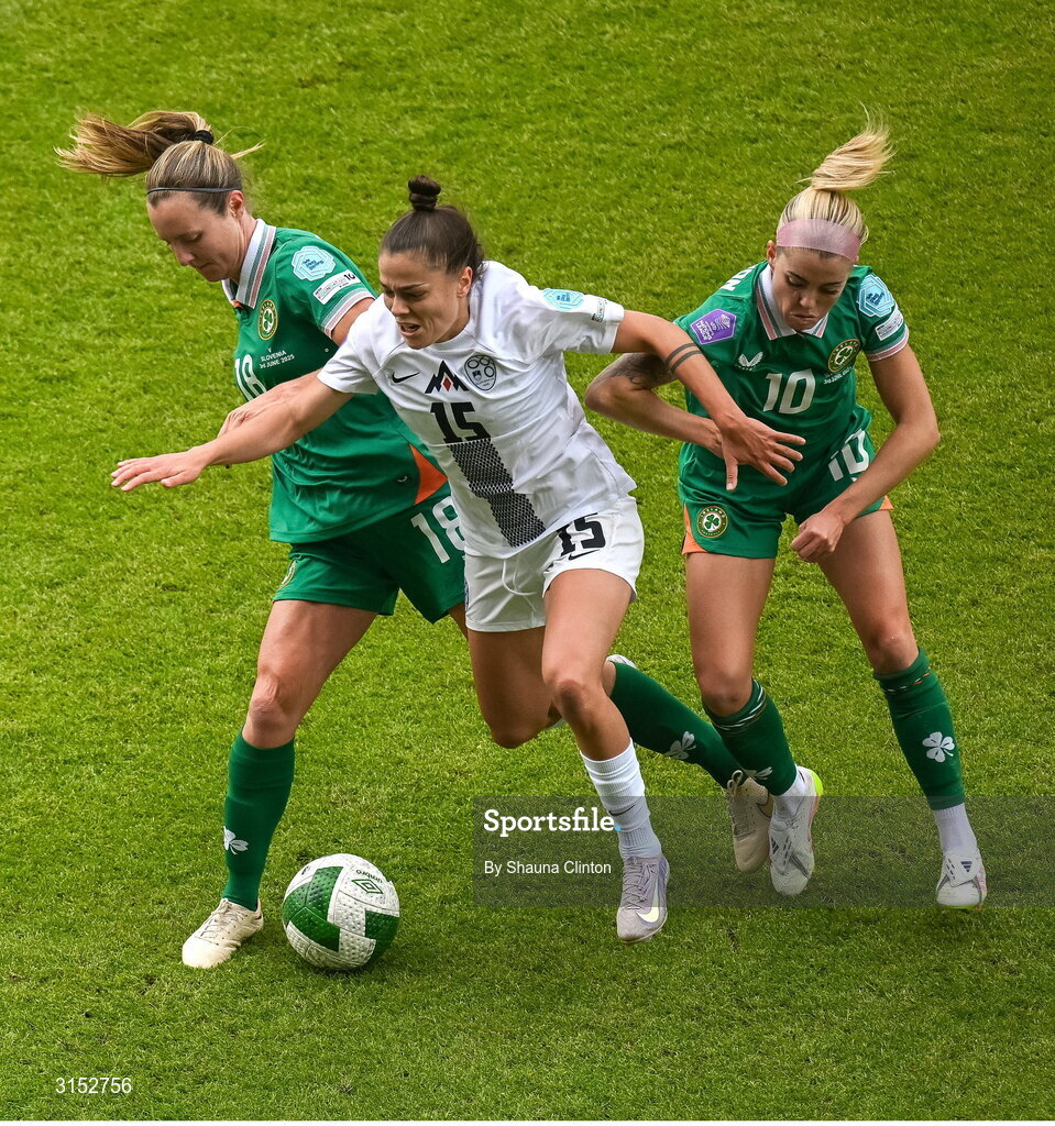 3 June 2025; Sara Makovec of Slovenia in action against Republic of Ireland players Kyra Carusa, left, and Denise O'Sullivan during the UEFA Women's Nations League, League B match between Republic of Ireland and Slovenia at Páirc Uí Chaoimh in Cork. Photo by Shauna Clinton/Sportsfile