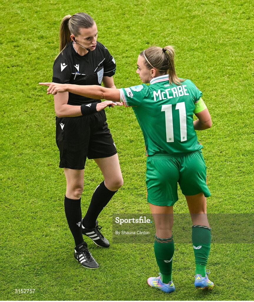 3 June 2025; Katie McCabe of Republic of Ireland remonstrates with referee Miriama Bocková during the UEFA Women's Nations League, League B match between Republic of Ireland and Slovenia at Páirc Uí Chaoimh in Cork. Photo by Shauna Clinton/Sportsfile