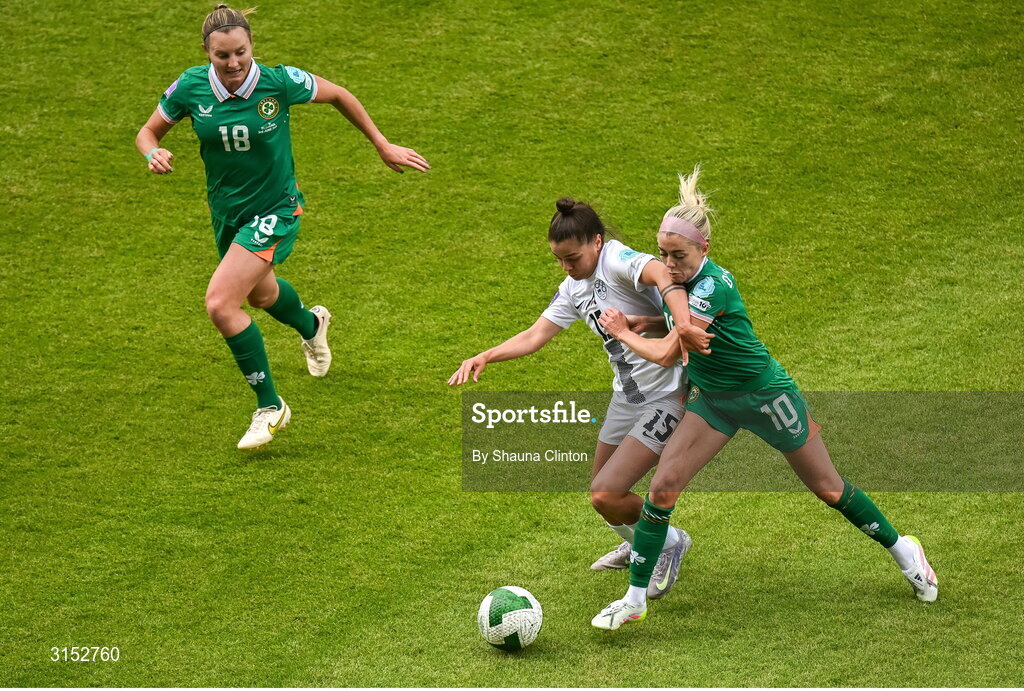 3 June 2025; Sara Makovec of Slovenia is tackled by Denise O'Sullivan of Republic of Ireland during the UEFA Women's Nations League, League B match between Republic of Ireland and Slovenia at Páirc Uí Chaoimh in Cork. Photo by Shauna Clinton/Sportsfile
