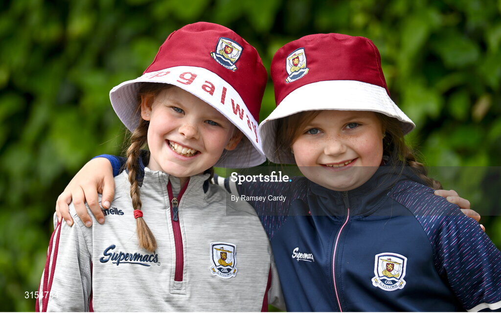 8 June 2025; Galway supporters Lucy Mullen, age 10, left, and Caoimhe Stanford, age 8, from Ardrahan, Galway, before the Leinster GAA Senior Hurling Championship final match between Kilkenny and Galway at Croke Park in Dublin. Photo by Ramsey Cardy/Sportsfile