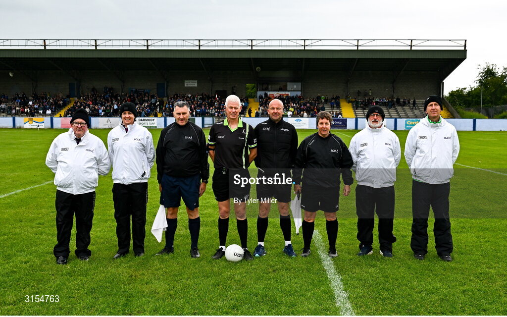 8 June 2025; Referee Declan Carolan, fourth from left, and his officials before the LGFA All-Ireland U14 Gold Final match between Dublin and Kerry at Nenagh Éire Óg GAA Club in Nenagh, Tipperary. Photo by Tyler Miller/Sportsfile
