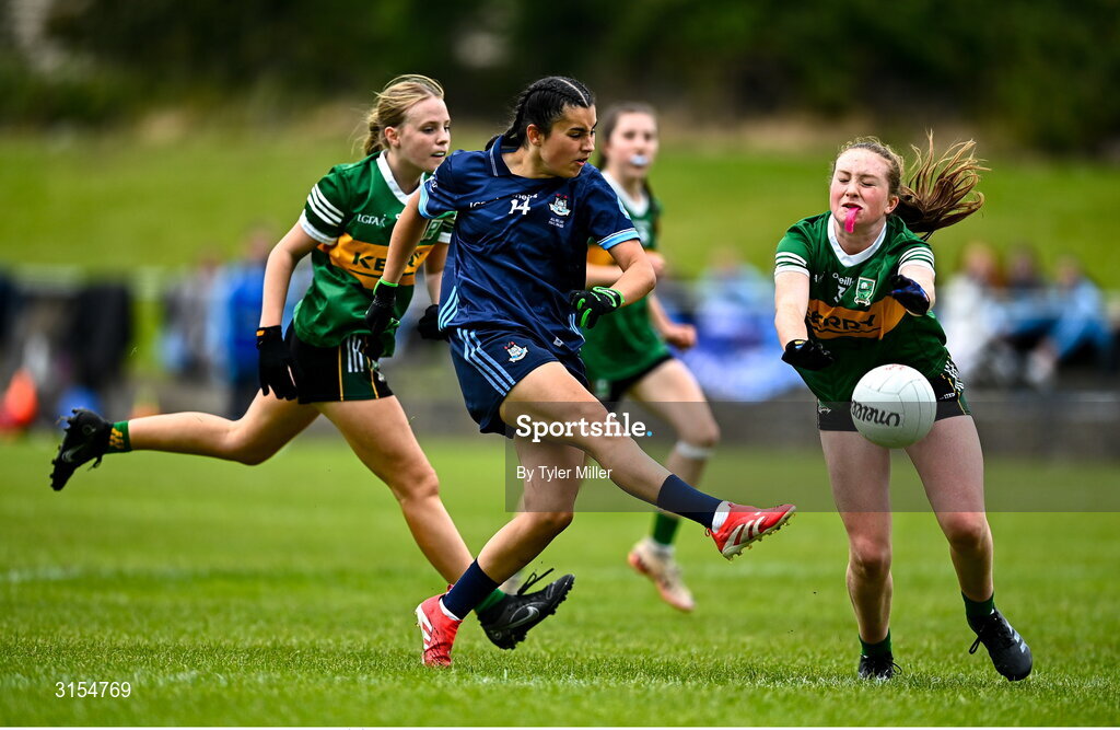 8 June 2025; Action from the LGFA All-Ireland U14 Gold Final match between Dublin and Kerry at Nenagh Éire Óg GAA Club in Nenagh, Tipperary. Photo by Tyler Miller/Sportsfile