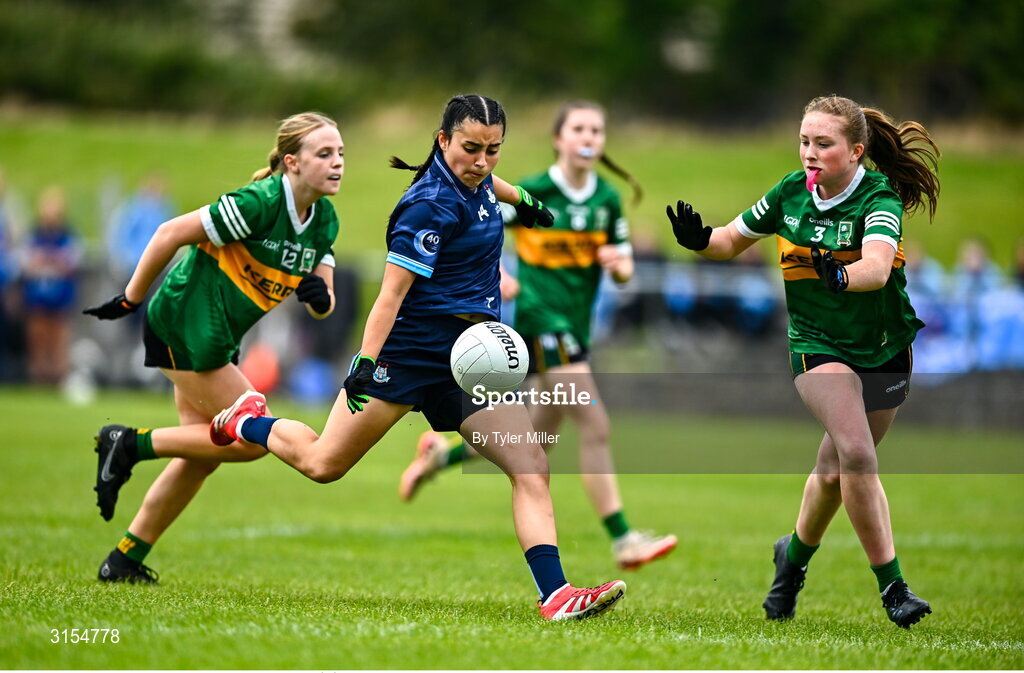 8 June 2025; Action from the LGFA All-Ireland U14 Gold Final match between Dublin and Kerry at Nenagh Éire Óg GAA Club in Nenagh, Tipperary. Photo by Tyler Miller/Sportsfile