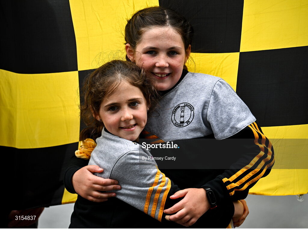 8 June 2025; Kilkenny supporters Aoibheann, left, and Saoirse Byrne, from Freshford, before the Leinster GAA Senior Hurling Championship final match between Kilkenny and Galway at Croke Park in Dublin. Photo by Ramsey Cardy/Sportsfile