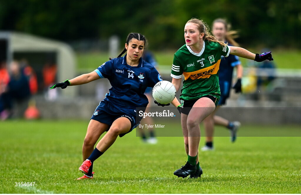 8 June 2025; Action from the LGFA All-Ireland U14 Gold Final match between Dublin and Kerry at Nenagh Éire Óg GAA Club in Nenagh, Tipperary. Photo by Tyler Miller/Sportsfile
