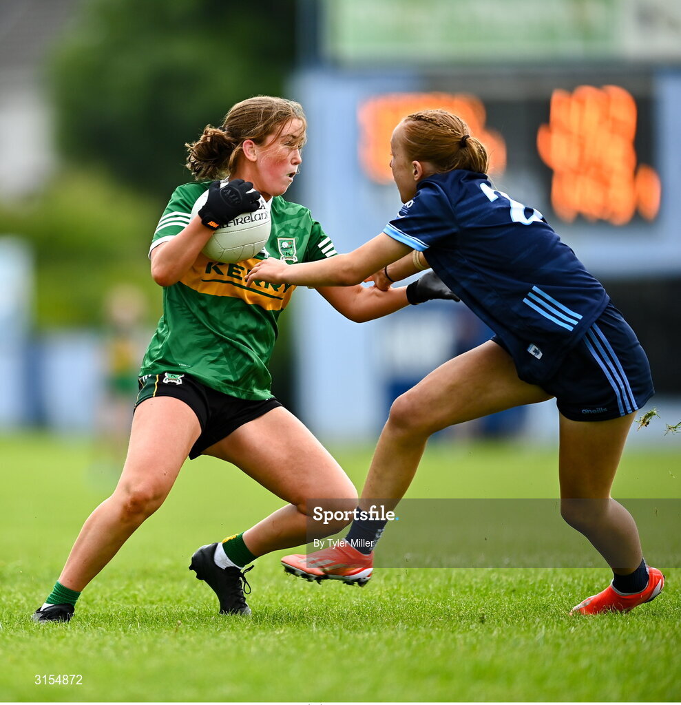 8 June 2025; Action from the LGFA All-Ireland U14 Gold Final match between Dublin and Kerry at Nenagh Éire Óg GAA Club in Nenagh, Tipperary. Photo by Tyler Miller/Sportsfile