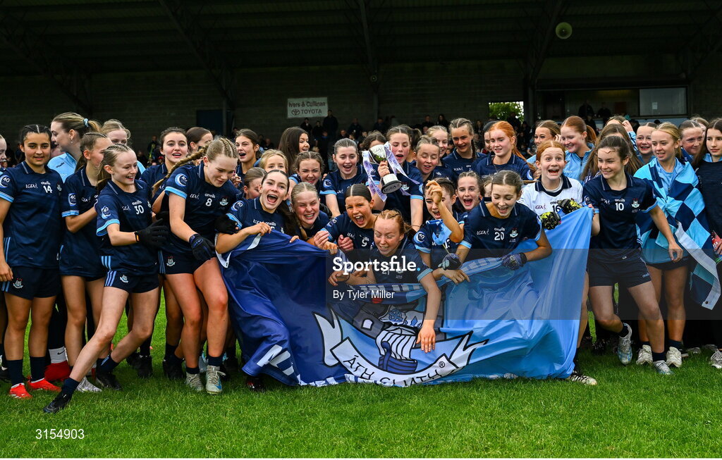 8 June 2025; Dublin players celebrate with the cup after the LGFA All-Ireland U14 Gold Final match between Dublin and Kerry at Nenagh Éire Óg GAA Club in Nenagh, Tipperary. Photo by Tyler Miller/Sportsfile