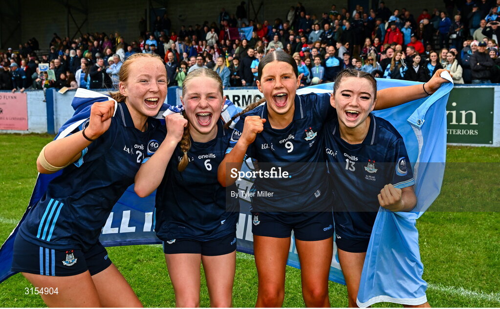 8 June 2025; Dublin players celebrate after the LGFA All-Ireland U14 Gold Final match between Dublin and Kerry at Nenagh Éire Óg GAA Club in Nenagh, Tipperary. Photo by Tyler Miller/Sportsfile