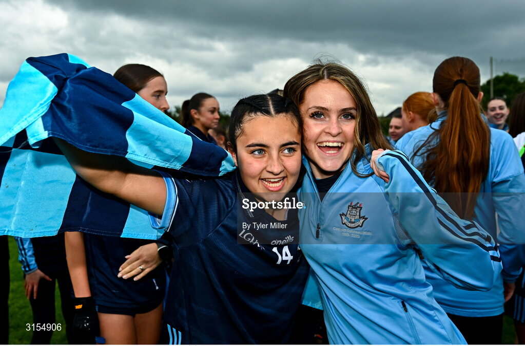 8 June 2025; Dublin players and staff celebrate after the LGFA All-Ireland U14 Gold Final match between Dublin and Kerry at Nenagh Éire Óg GAA Club in Nenagh, Tipperary. Photo by Tyler Miller/Sportsfile