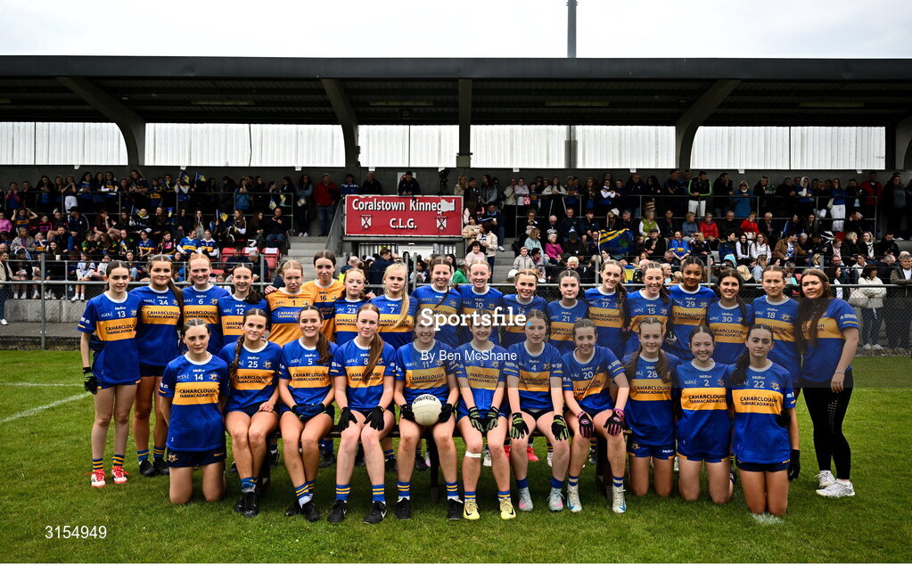 8 June 2025; The Tipperary team before the LGFA All-Ireland U14 Silver Final match between Tipperary and Cavan at Coralstown/Kinnegad GAA in Westmeath. Photo by Ben McShane/Sportsfile