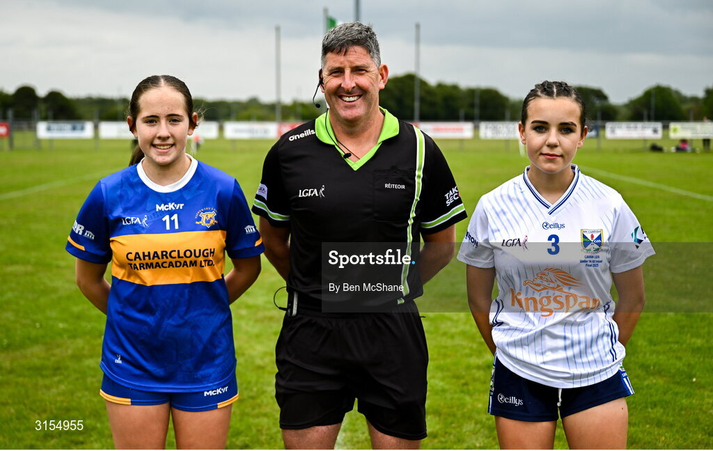 8 June 2025; Referee Conor McCarthy with Tipperary captain Farrah Madigan, left, and Cavan captain Nadine McKenna before the LGFA All-Ireland U14 Silver Final match between Tipperary and Cavan at Coralstown/Kinnegad GAA in Westmeath. Photo by Ben McShane/Sportsfile