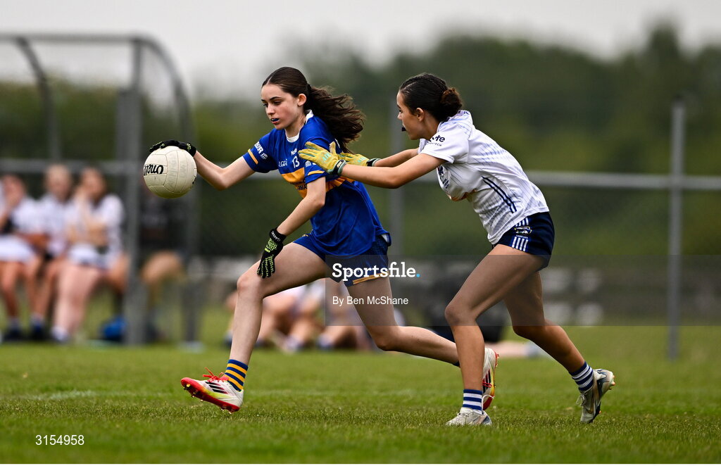 8 June 2025; Action during the LGFA All-Ireland U14 Silver Final match between Tipperary and Cavan at Coralstown/Kinnegad GAA in Westmeath. Photo by Ben McShane/Sportsfile