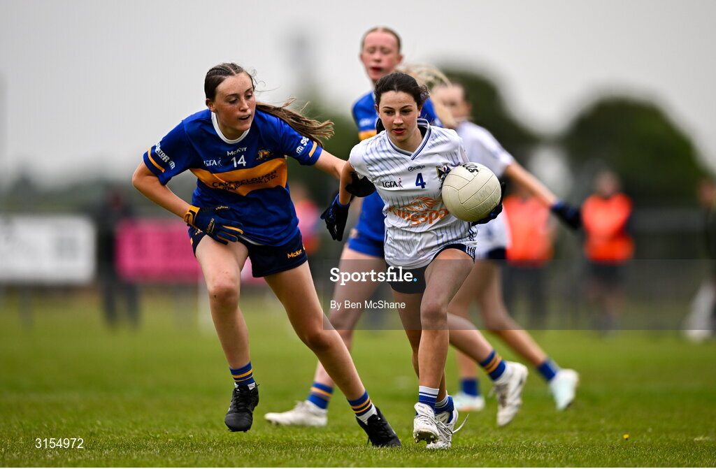8 June 2025; Action during the LGFA All-Ireland U14 Silver Final match between Tipperary and Cavan at Coralstown/Kinnegad GAA in Westmeath. Photo by Ben McShane/Sportsfile