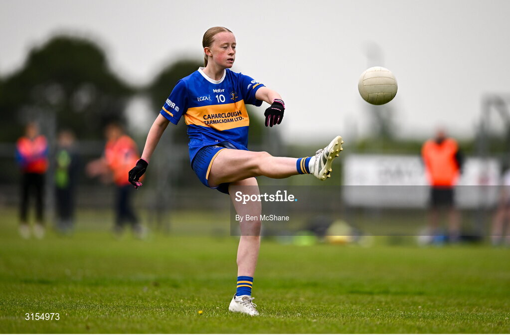 8 June 2025; Action during the LGFA All-Ireland U14 Silver Final match between Tipperary and Cavan at Coralstown/Kinnegad GAA in Westmeath. Photo by Ben McShane/Sportsfile