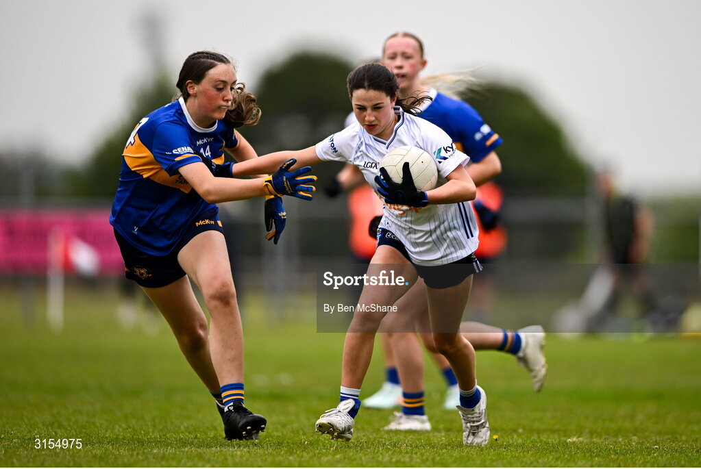 8 June 2025; Action during the LGFA All-Ireland U14 Silver Final match between Tipperary and Cavan at Coralstown/Kinnegad GAA in Westmeath. Photo by Ben McShane/Sportsfile