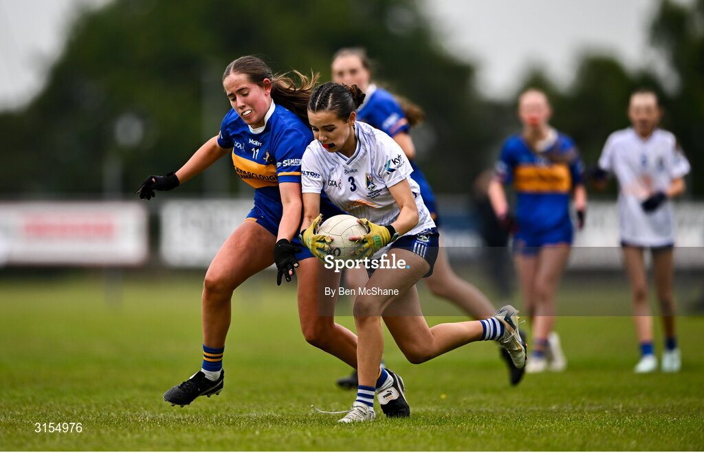 8 June 2025; Action during the LGFA All-Ireland U14 Silver Final match between Tipperary and Cavan at Coralstown/Kinnegad GAA in Westmeath. Photo by Ben McShane/Sportsfile