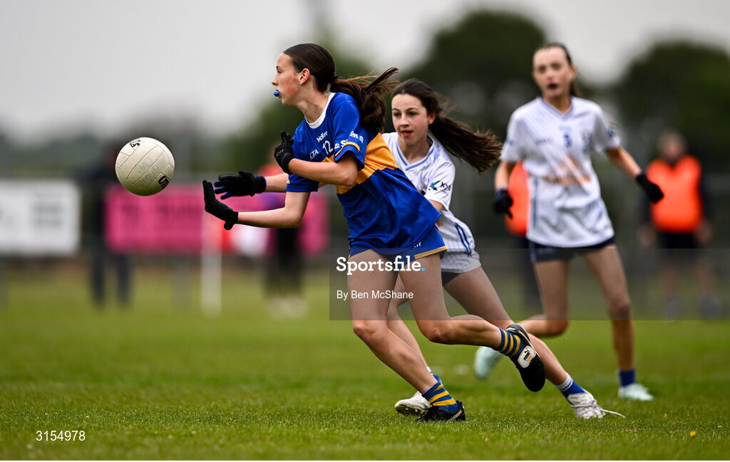 8 June 2025; Action during the LGFA All-Ireland U14 Silver Final match between Tipperary and Cavan at Coralstown/Kinnegad GAA in Westmeath. Photo by Ben McShane/Sportsfile