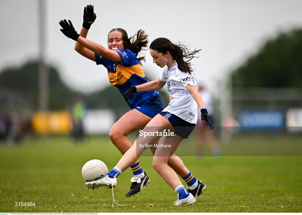 8 June 2025; Action during the LGFA All-Ireland U14 Silver Final match between Tipperary and Cavan at Coralstown/Kinnegad GAA in Westmeath. Photo by Ben McShane/Sportsfile