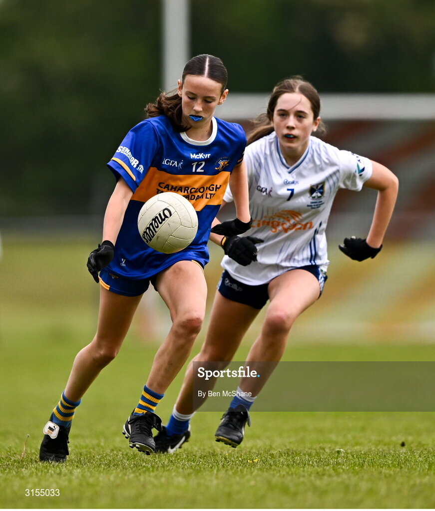 8 June 2025; Action during the LGFA All-Ireland U14 Silver Final match between Tipperary and Cavan at Coralstown/Kinnegad GAA in Westmeath. Photo by Ben McShane/Sportsfile