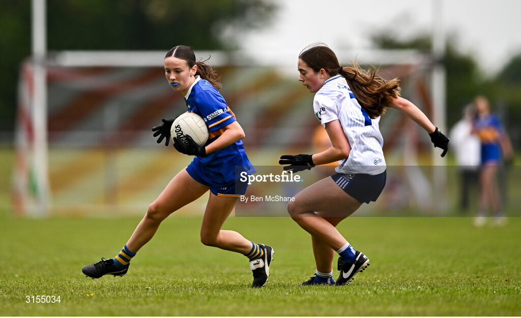 8 June 2025; Action during the LGFA All-Ireland U14 Silver Final match between Tipperary and Cavan at Coralstown/Kinnegad GAA in Westmeath. Photo by Ben McShane/Sportsfile