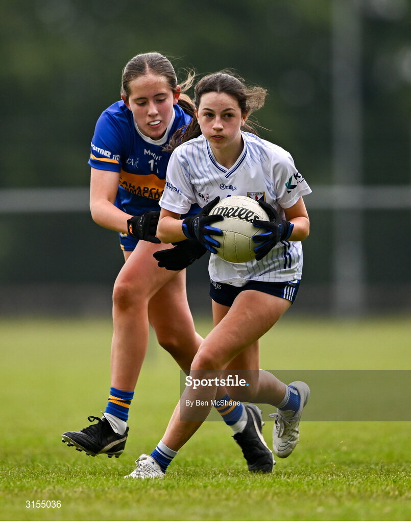 8 June 2025; Action during the LGFA All-Ireland U14 Silver Final match between Tipperary and Cavan at Coralstown/Kinnegad GAA in Westmeath. Photo by Ben McShane/Sportsfile
