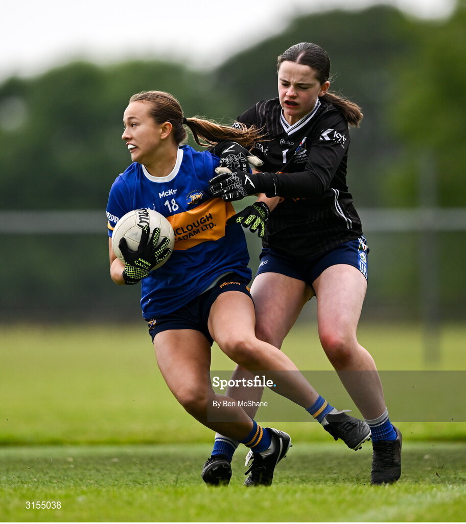 8 June 2025; Action during the LGFA All-Ireland U14 Silver Final match between Tipperary and Cavan at Coralstown/Kinnegad GAA in Westmeath. Photo by Ben McShane/Sportsfile