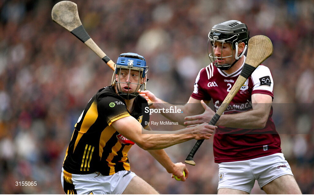 8 June 2025; Stephen Donnelly of Kilkenny is tackled by Padraic Mannion of Galway during the Leinster GAA Senior Hurling Championship final match between Kilkenny and Galway at Croke Park in Dublin. Photo by Ray McManus/Sportsfile