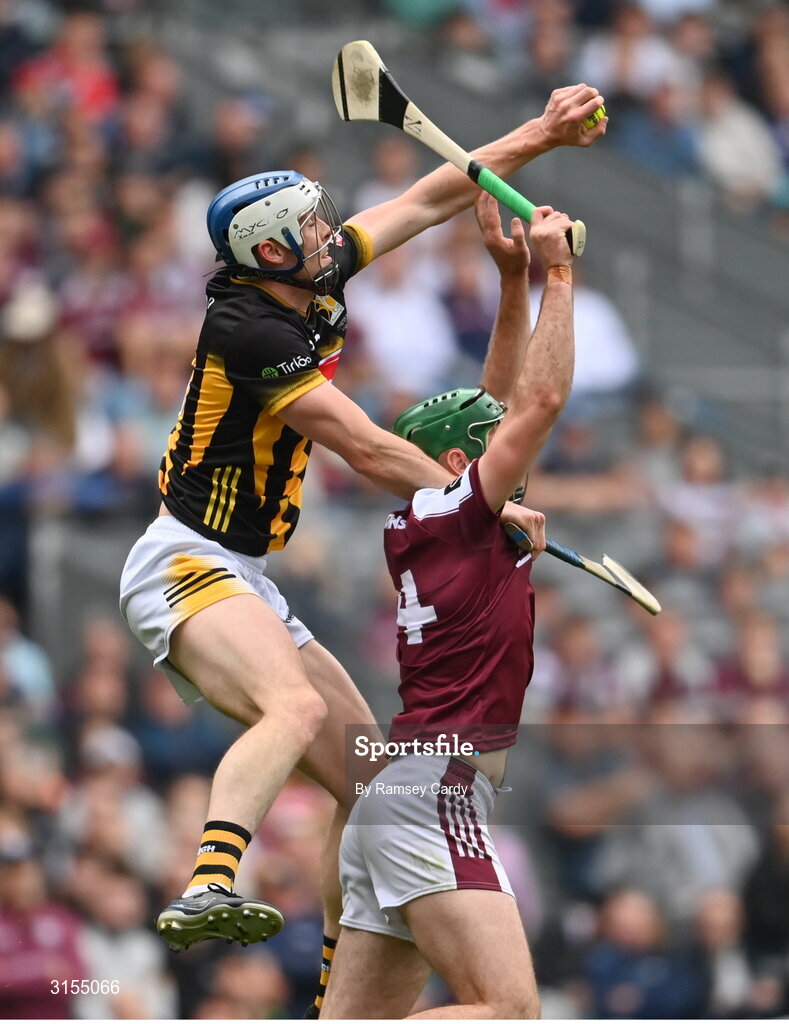 8 June 2025; Huw Lawlor of Kilkenny wins possession ahead of Brian Concannon of Galway during the Leinster GAA Senior Hurling Championship final match between Kilkenny and Galway at Croke Park in Dublin. Photo by Ramsey Cardy/Sportsfile