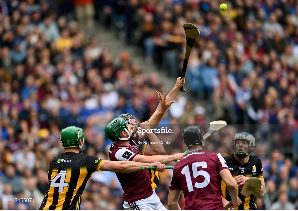 8 June 2025; Cathal Mannion of Galway and Mikey Butler of Kilkenny during the Leinster GAA Senior Hurling Championship final match between Kilkenny and Galway at Croke Park in Dublin. Photo by Ramsey Cardy/Sportsfile