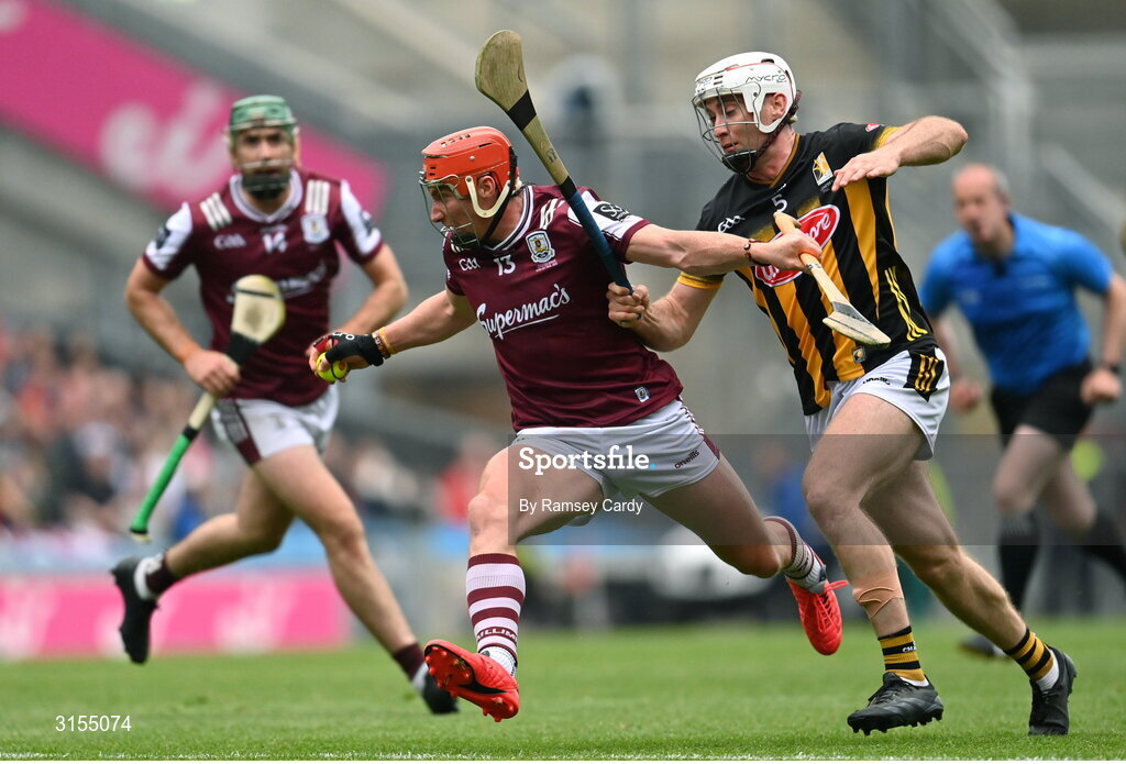 8 June 2025; Conor Whelan of Galway in action against Mikey Carey of Kilkenny during the Leinster GAA Senior Hurling Championship final match between Kilkenny and Galway at Croke Park in Dublin. Photo by Ramsey Cardy/Sportsfile