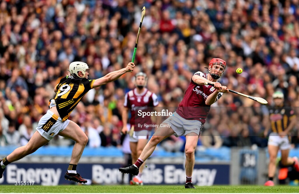 8 June 2025; Tom Monaghan of Galway in action against Jordan Molloy of Kilkenny during the Leinster GAA Senior Hurling Championship final match between Kilkenny and Galway at Croke Park in Dublin. Photo by Ramsey Cardy/Sportsfile