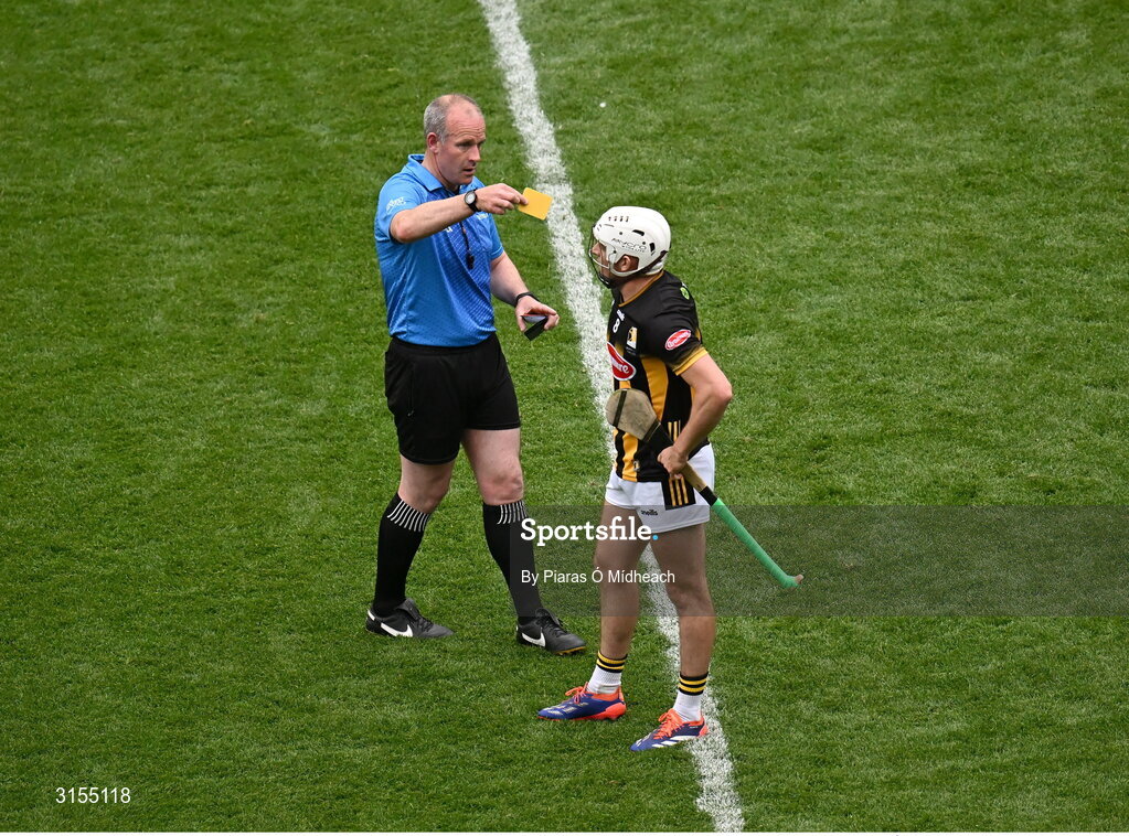 8 June 2025; Cian Kenny of Kilkenny is shown the yellow card by referee Johnny Murphy during the Leinster GAA Senior Hurling Championship final match between Kilkenny and Galway at Croke Park in Dublin. Photo by Piaras Ó Mídheach/Sportsfile