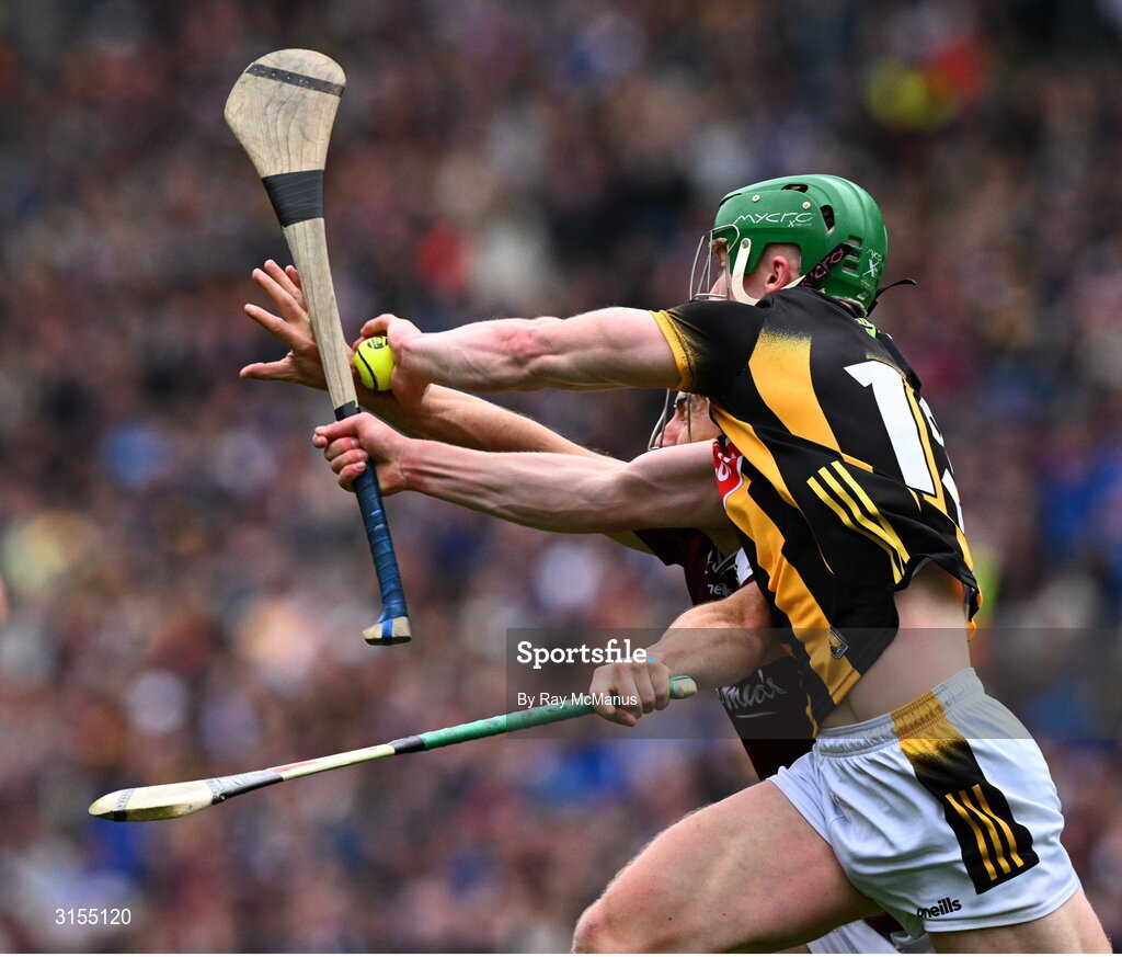 8 June 2025; Martin Keoghan of Kilkenny catches the sliotar ahead of Daithí Burke of Galway during the Leinster GAA Senior Hurling Championship final match between Kilkenny and Galway at Croke Park in Dublin. Photo by Ray McManus/Sportsfile