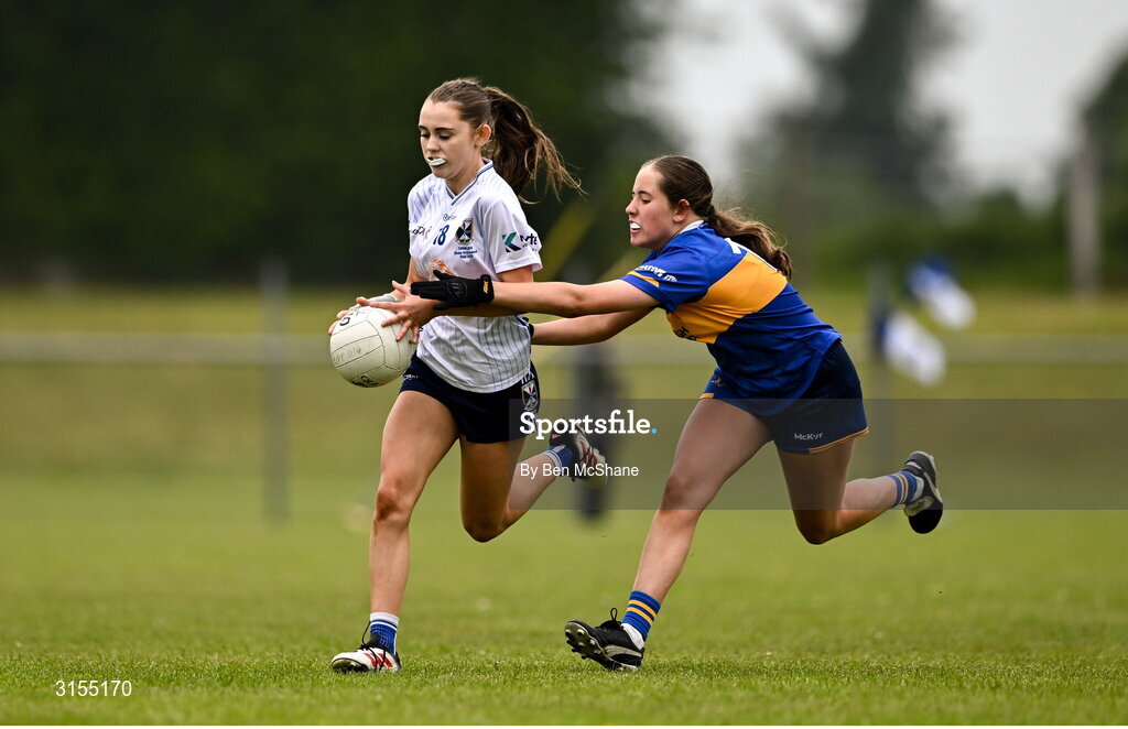 8 June 2025; Action during the LGFA All-Ireland U14 Silver Final match between Tipperary and Cavan at Coralstown/Kinnegad GAA in Westmeath. Photo by Ben McShane/Sportsfile