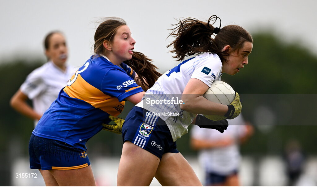 8 June 2025; Action during the LGFA All-Ireland U14 Silver Final match between Tipperary and Cavan at Coralstown/Kinnegad GAA in Westmeath. Photo by Ben McShane/Sportsfile