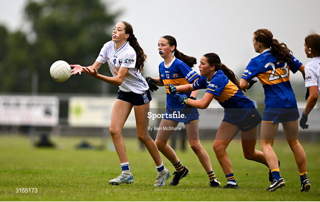 8 June 2025; Action during the LGFA All-Ireland U14 Silver Final match between Tipperary and Cavan at Coralstown/Kinnegad GAA in Westmeath. Photo by Ben McShane/Sportsfile