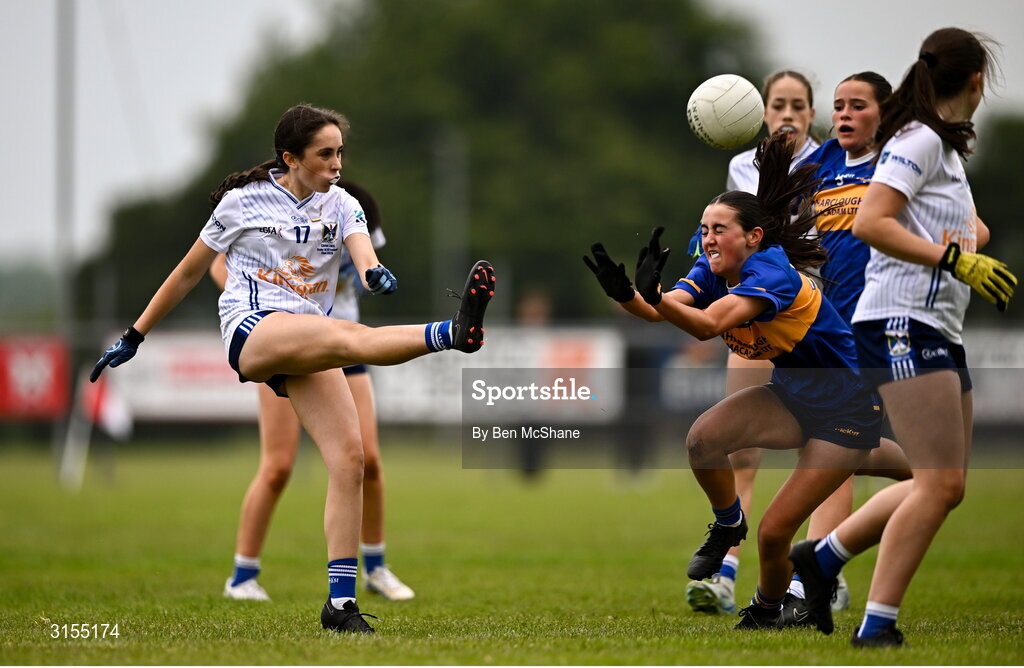 8 June 2025; Action during the LGFA All-Ireland U14 Silver Final match between Tipperary and Cavan at Coralstown/Kinnegad GAA in Westmeath. Photo by Ben McShane/Sportsfile
