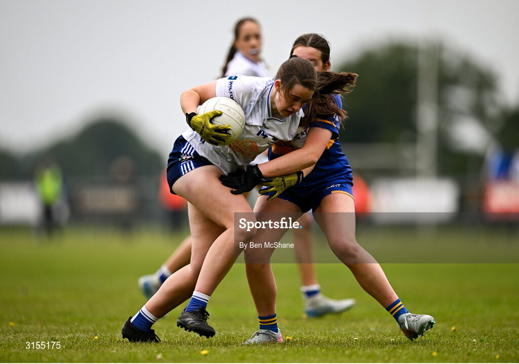 8 June 2025; Action during the LGFA All-Ireland U14 Silver Final match between Tipperary and Cavan at Coralstown/Kinnegad GAA in Westmeath. Photo by Ben McShane/Sportsfile