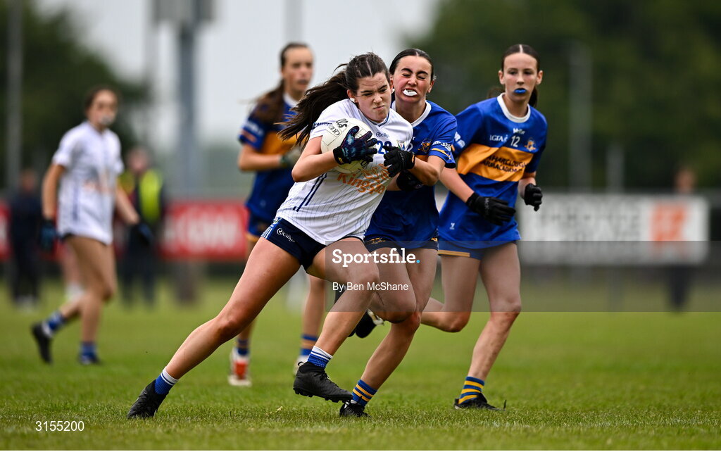 8 June 2025; Action during the LGFA All-Ireland U14 Silver Final match between Tipperary and Cavan at Coralstown/Kinnegad GAA in Westmeath. Photo by Ben McShane/Sportsfile