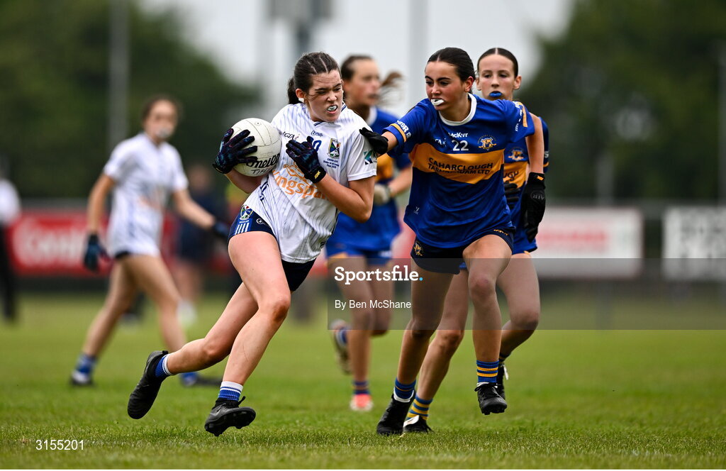 8 June 2025; Action during the LGFA All-Ireland U14 Silver Final match between Tipperary and Cavan at Coralstown/Kinnegad GAA in Westmeath. Photo by Ben McShane/Sportsfile