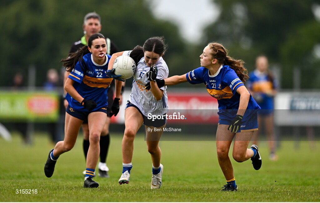 8 June 2025; Action during the LGFA All-Ireland U14 Silver Final match between Tipperary and Cavan at Coralstown/Kinnegad GAA in Westmeath. Photo by Ben McShane/Sportsfile