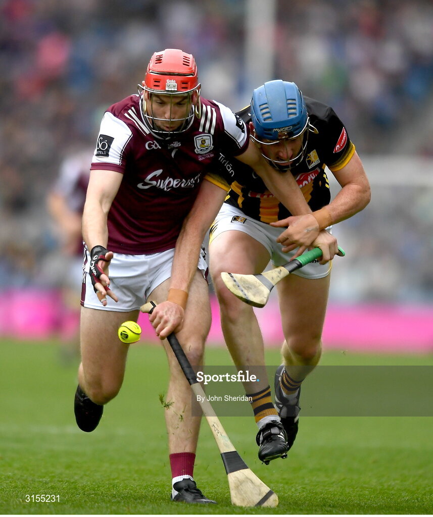 8 June 2025; T.J. Brennan of Galway in action against John Donnelly of Kilkenny during the Leinster GAA Senior Hurling Championship final match between Kilkenny and Galway at Croke Park in Dublin. Photo by John Sheridan/Sportsfile