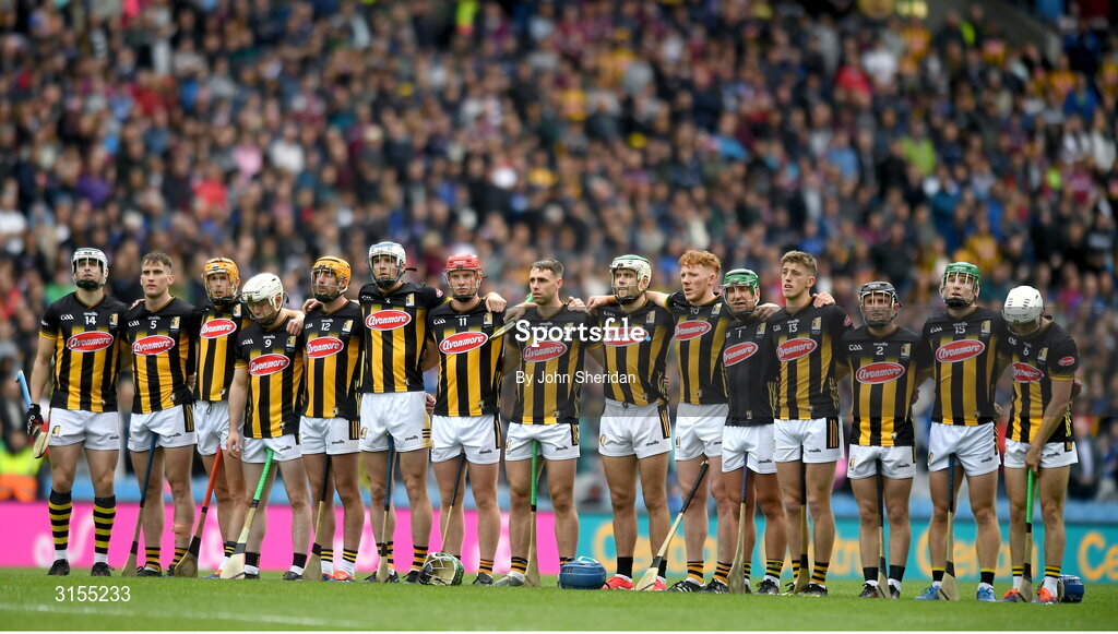 8 June 2025; The Kilkenny team stand for the national anthem before the Leinster GAA Senior Hurling Championship final match between Kilkenny and Galway at Croke Park in Dublin. Photo by John Sheridan/Sportsfile