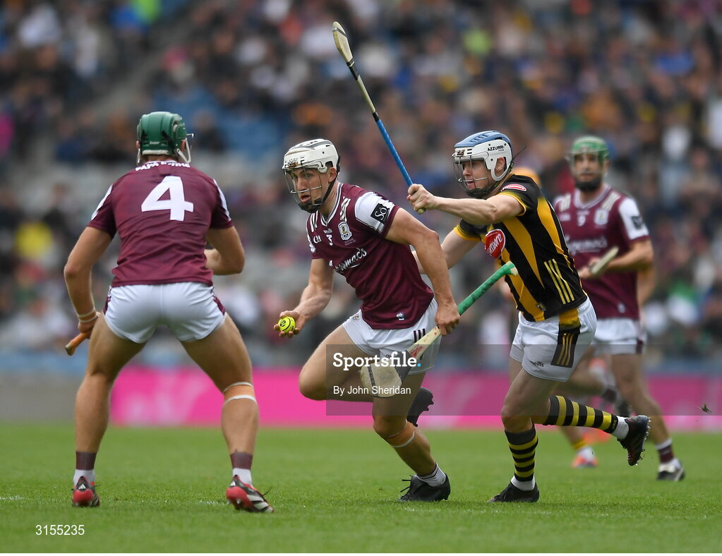 8 June 2025; Daithí Burke of Galway in action against TJ Reid of Kilkenny during the Leinster GAA Senior Hurling Championship final match between Kilkenny and Galway at Croke Park in Dublin. Photo by John Sheridan/Sportsfile