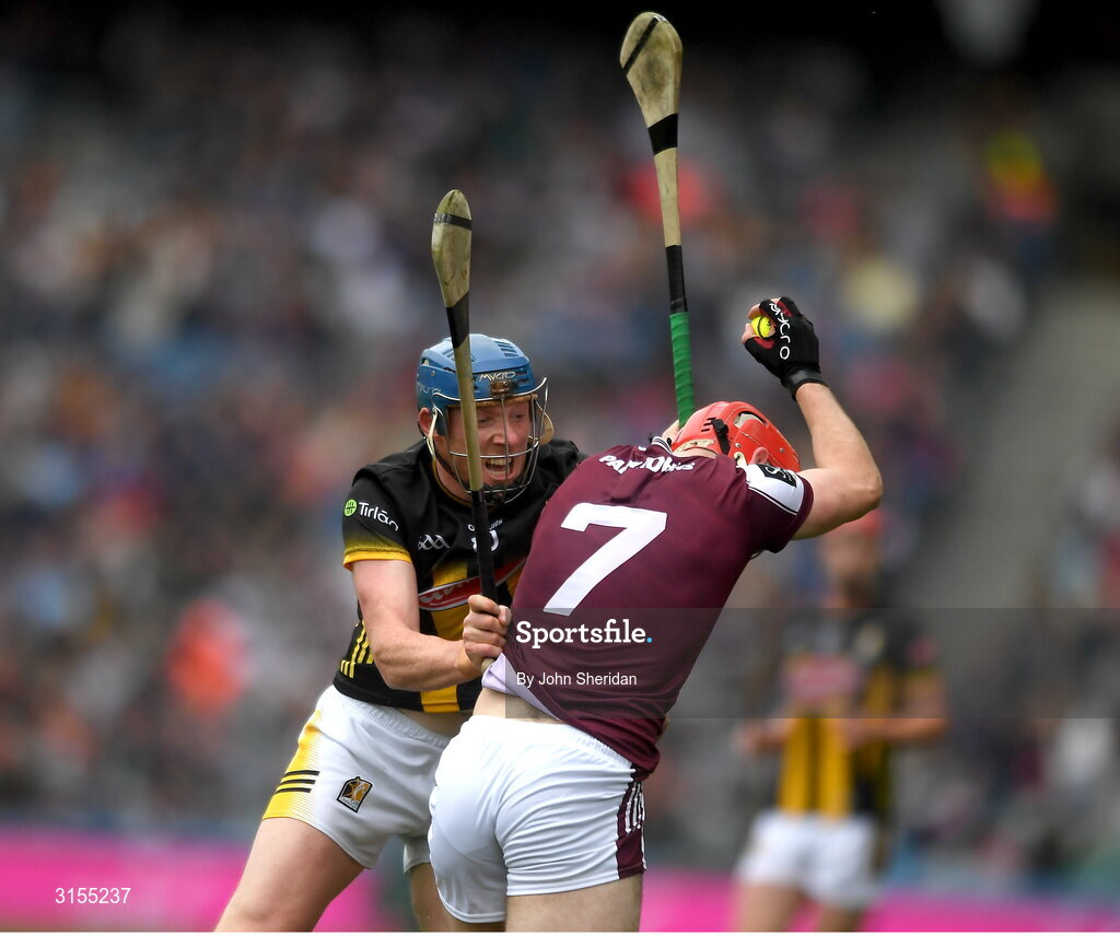 8 June 2025; T.J. Brennan of Galway in action against John Donnelly of Kilkenny during the Leinster GAA Senior Hurling Championship final match between Kilkenny and Galway at Croke Park in Dublin. Photo by John Sheridan/Sportsfile