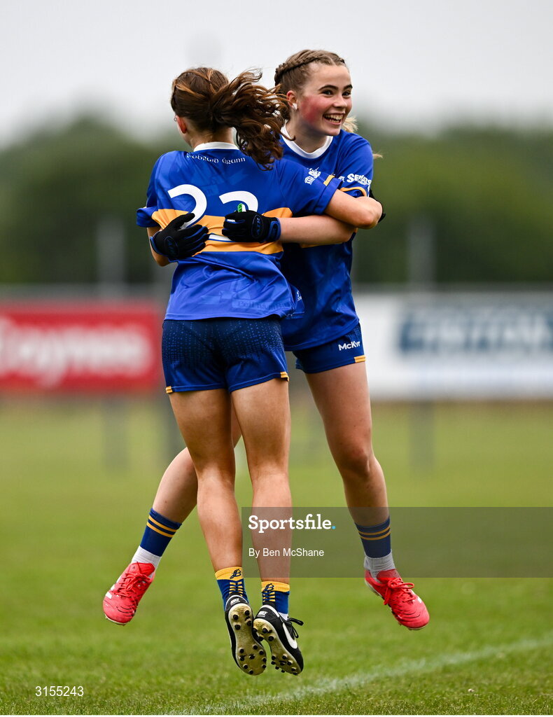 8 June 2025; Tipperary players celebrate at the final whistle of the LGFA All-Ireland U14 Silver Final match between Tipperary and Cavan at Coralstown/Kinnegad GAA in Westmeath. Photo by Ben McShane/Sportsfile