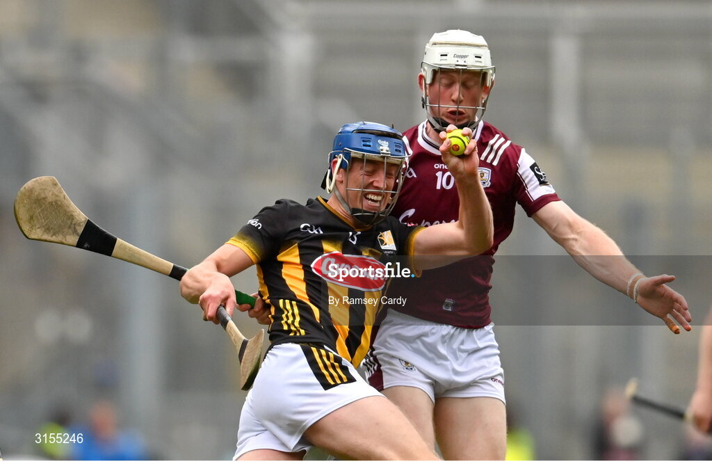 8 June 2025; Stephen Donnelly of Kilkenny in action against John Fleming of Galway during the Leinster GAA Senior Hurling Championship final match between Kilkenny and Galway at Croke Park in Dublin. Photo by Ramsey Cardy/Sportsfile