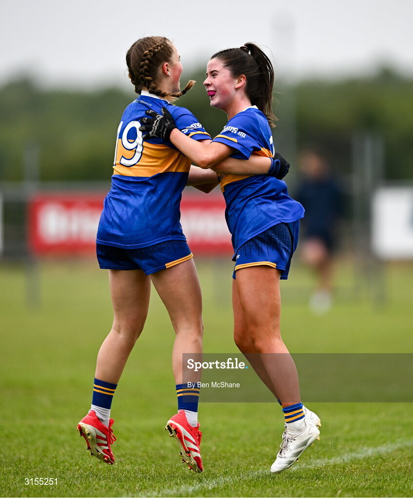 8 June 2025; Tipperary players celebrate at the final whistle of the LGFA All-Ireland U14 Silver Final match between Tipperary and Cavan at Coralstown/Kinnegad GAA in Westmeath. Photo by Ben McShane/Sportsfile